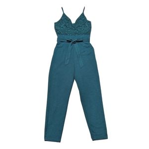 NWOT Main Strip Forest Green Solid w/Lace Contrast Jumpsuit w/Pockets Si…